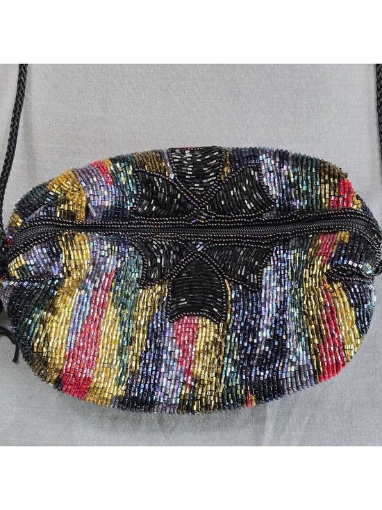 Handbags - Beaded Floral Evening Crossbody Bag Small Black Tassel Zipper